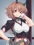  1girl breasts brown_hair flipped_hair gloves green_eyes hairband headgear kantai_collection large_breasts midriff mutsu_(kantai_collection) remodel_(kantai_collection) short_hair smile solo tsusshi upper_body white_gloves 