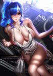  1girl azur_lane backlighting bag bare_hips bare_legs bare_shoulders blue_hair blue_nails breasts car cleavage crossed_legs dress earrings evening_gown eyelashes fingernails glint grey_dress ground_vehicle hair_ornament hair_over_one_eye hairclip handbag highres jewelry large_breasts liang_xing long_fingernails long_hair looking_at_viewer motor_vehicle nail_polish necklace parted_lips pelvic_curtain pink_lips plunging_neckline purple_eyes revealing_clothes shiny shiny_clothes shirt shoulder_bag side_ponytail sidelocks sitting sleeveless sleeveless_shirt solo st._louis_(luxurious_wheels)_(azur_lane) thighs wavy_hair 