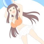  1girl :d armpits arms_up ass_visible_through_thighs ball bare_arms bare_shoulders beachball bikini bikini_skirt blue_background breasts brown_hair brown_ribbon cleavage commentary_request feet_out_of_frame hair_ribbon holding holding_ball juukyuu large_breasts long_hair low_twintails momo_(juukyuu) orange_bikini original ribbon smile solid_circle_eyes solo standing swimsuit twintails two-tone_background very_long_hair white_background 