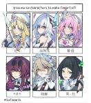  6+girls absurdres alexandrina_sebastiane arched_bangs black_gloves black_hair blonde_hair blush brown_hair character_name commentary_request cyrene_(demiurge)_(honkai:_star_rail) cyrene_(honkai:_star_rail) eyewear_on_head fingerless_gloves genshin_impact gloves green_eyes hair_between_eyes hair_ornament hat heart heart_hands highres holding holding_quill honkai:_star_rail honkai_(series) jane_doe_(zenless_zone_zero) kafka_(honkai:_star_rail) looking_at_viewer maid_headdress multiple_drawing_challenge multiple_girls musical_note nail_polish nicole_(genshin_impact) pink_eyes pink_hair pointy_ears purple_gloves purple_hair quill red_eyes red_nails shuouyu six_fanarts_challenge skirk_(genshin_impact) sunglasses white_hair white_hat white_headdress zenless_zone_zero 