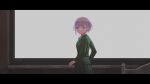  1girl bang_dream! bang_dream!_it's_mygo!!!!! blazer closed_mouth commentary cowboy_shot from_side green_jacket green_skirt grey_hair highres indoors jacket letterboxed light_frown long_sleeves looking_at_viewer looking_to_the_side lunafeast parody school_uniform short_hair silent_hill_(series) silent_hill_2 skirt solo standing takamatsu_tomori turning_head yellow_eyes 