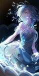  1girl absurdres blue_dress blue_hair commentary detached_sleeves dress english_commentary highres original puffy_detached_sleeves puffy_sleeves short_hair simple_background solo water water_drop yoganeko 