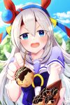  1girl absurdres animal_ears blue_eyes blue_hairband blue_sky blush bow bowtie cloud commentary_request ear_covers fang feeding_viewer food grey_hair hair_between_eyes hairband headband highres holding horse_ears horse_girl long_hair multicolored_hairband open_mouth origo_n outdoors puffy_short_sleeves puffy_sleeves purple_bow purple_bowtie purple_shirt red_headband sailor_collar sailor_shirt school_uniform shirt short_sleeves sky striped_clothes striped_hairband takoyaki tamamo_cross_(umamusume) toothpick tracen_school_uniform two-tone_hairband umamusume white_sailor_collar 