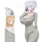  2girls ahoge blonde_hair blue_eyes bra breast_envy breasts cellphone cleavage coke011 commentary_request covered_navel covered_nipples dongtan_dress dress earrings grey_dress grey_hair grey_hat grey_helmet hat helmet highres holding holding_phone huge_breasts jewelry korean_commentary long_hair multiple_girls norma_hollowell phone pointy_ears purple_eyes scoop_neck shako_cap short_hair simple_background small_breasts smartphone underwear velina_airgid very_long_hair white_background white_bra zenless_zone_zero 