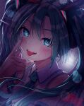  1girl akanbe aqua_eyes aqua_hair aqua_nails aqua_necktie aqua_trim bare_shoulders blush close-up collared_shirt colored_eyebrows commentary_request double-parted_bangs eyelid_pull hair_between_eyes hair_ornament hatsune_miku long_hair looking_at_viewer necktie open_mouth sakura_t shirt sidelocks sleeveless sleeveless_shirt solo teeth tongue tongue_out twintails vocaloid white_shirt 