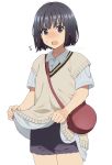  1girl bag black_eyes black_hair blush embarrassed flying_sweatdrops handbag lifted_by_self long_shirt mattaku_mousuke open_mouth original shirt_lift short_hair short_shorts shorts solo watermark white_background 