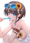  1girl absurdres arm_strap bikini black_choker black_hair blue-tinted_eyewear blue_eyes breasts choker cleavage commentary_request eating eyewear_on_head flower food food_in_mouth hair_flower hair_ornament hairclip halterneck highres holding holding_food holding_popsicle hololive hololive_dreams large_breasts looking_at_viewer mikaku official_alternate_costume oozora_subaru oozora_subaru_(vibrant_sun_splash!) popsicle popsicle_in_mouth short_hair sideboob simple_background sitting solo star_(symbol) star_hair_ornament sunflower sunflower_hair_ornament sunglasses swept_bangs swimsuit tinted_eyewear upper_body virtual_youtuber white-framed_eyewear white_background white_bikini 
