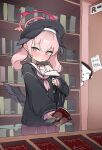  1boy 1girl absurdres bag beret black_hat black_jacket black_wings blue_archive blush body_markings book bookshelf bookstore bra_strap commentary doodle_sensei_(blue_archive) feathered_wings halo hat head_wings highres indoors jacket koharu_(blue_archive) korean_commentary korean_text long_hair long_sleeves low_wings manga_(object) neckerchief peeking_out pink_eyes pink_hair pink_halo pink_neckerchief pink_skirt pornography sailor_collar school_bag sensei_(blue_archive) shop sideways_glance single_bare_shoulder skirt sleeves_past_wrists small_sweatdrop translation_request twintails unnnenn white_sailor_collar winged_halo wings 