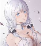  1girl azur_lane bangs bare_shoulders blue_eyes breasts cleavage collarbone dress eyebrows_visible_through_hair flower hair_flower hair_ornament hair_ribbon highres illustrious_(azur_lane) large_breasts long_hair looking_at_viewer mole mole_under_eye open_eyes open_mouth petals ribbon rifu_(643763873) silver_hair simple_background solo white_dress 