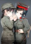  2girls absurdres bangs belt black_eyes black_hair blush braid breasts brown_belt brown_headwear brown_jacket cigarette cigarette_kiss commentary_request cowboy_shot epaulettes eyebrows_visible_through_hair from_side grey_background hand_up hat highres holding imperial_japanese_army jacket large_breasts long_sleeves looking_at_another military military_hat military_uniform multiple_girls original peaked_cap samazuka_mashiro sheath sheathed short_hair simple_background smoke smoking sword uniform weapon 