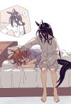  2girls absurdres agnes_tachyon_(umamusume) animal_ears barefoot black_hair brown_hair commentary gachitamago hand_on_another's_head highres horse_ears horse_girl horse_tail long_hair looking_at_another lying manhattan_cafe_(umamusume) morning multiple_girls on_bed on_side pillow purple_shirt shirt shorts simple_background sitting sleeping speech_bubble tail thought_bubble translation_request umamusume untranslatable_commentary white_background white_shirt white_shorts yuri 