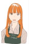  1girl apron blunt_bangs brown_eyes collared_shirt commentary_request cropped_torso employee_uniform green_apron grey_shirt highres koito231 long_hair looking_at_viewer open_mouth orange_hair original shirt simple_background solo upper_body white_background 