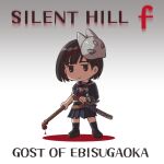  1girl :/ acea4 bell black_serafuku black_skirt black_socks blood blood_on_weapon brown_eyes brown_hair brown_shoes chibi commentary_request copyright_name english_text engrish_text expressionless fox_mask full_body holding holding_lead_pipe jingle_bell lead_pipe loafers mask mask_on_head medium_skirt neckerchief pleated_skirt pool_of_blood ranguage red_neckerchief school_uniform serafuku sheath sheathed shimizu_hinako shoes short_hair silent_hill_(series) silent_hill_f skirt socks solo sword torn_clothes torn_skirt typo weapon 