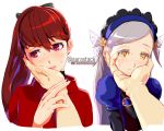  2girls aurastack blue_hairband chin_grab hairband hand_on_another&#039;s_chin jacket lavenza_(persona_5) long_hair looking_at_viewer multiple_girls persona persona_5 persona_5_the_royal ponytail red_eyes red_hair silver_hair yellow_eyes yoshizawa_kasumi 