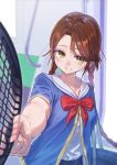 1girl aiming aiming_at_viewer asymmetrical_bangs bag blue_jacket bow braid braided_twintails breasts brown_hair bus_interior buttons collarbone commentary_request duffel_bag foreshortening ganbariiiyo grin hair_intakes highres holding holding_tennis_racket jacket medium_breasts outstretched_arm racket red_bow ryuuzaki_sakuno sailor_collar shadow shirt short_sleeves smile solo tennis_no_ouji-sama tennis_racket upper_body white_sailor_collar white_shirt yellow_eyes 