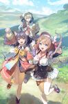  1boy 2girls :d animal_ear_fluff animal_ear_piercing animal_ears arms_up asymmetrical_sleeves atelier_(series) atelier_resleriana bare_shoulders black_gloves black_hair blonde_hair blue_eyes blue_gem bow braid braided_ponytail brown_shoes cat_ears cat_girl chest_bow chest_ribbon choker cloak day detached_sleeves diamond-shaped_earrings dress fingerless_gloves gem gloves grey_eyes hair_ornament hairclip highres izana_kokoschka medium_hair mismatched_sleeves mountain multiple_girls official_art open_mouth orange_hair outdoors pendant_choker pink_choker pink_dress pink_ribbon pink_sleeves purple_shoes resna_sternenlicht ribbon river roman_kalman shirt shoes short_hair short_sleeves shorts smile star_pendant thighhighs umiu_geso white_cloak white_shirt white_shorts white_thighhighs yellow_bow 