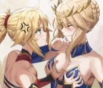  2girls ahoge anger_vein artoria_pendragon_(all) artoria_pendragon_(lancer) bandeau bangs bare_shoulders blonde_hair blush braid breasts cleavage closed_eyes detached_collar detached_sleeves fate/apocrypha fate/grand_order fate_(series) french_braid green_eyes hair_between_eyes hair_ornament hair_scrunchie highres large_breasts long_hair mordred_(fate) mordred_(fate)_(all) multiple_girls parted_bangs ponytail pout puffy_cheeks red_scrunchie scrunchie sidelocks small_breasts tonee wince 