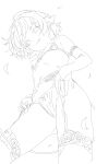  1girl adjusting_garter ai-assisted bare_shoulders bikini bikini_top_aside bow bow_bikini breasts cowboy_shot elbow_gloves falling_petals from_below from_side garter_belt garter_straps gloves greyscale hair_flaps highres kuroisisasami legs_apart legwear_garter lineart looking_down monochrome monogatari_(series) navel nipples oshino_shinobu partially_fingerless_gloves petals pointy_ears short_hair sidelocks simple_background small_breasts solo swimsuit thighhighs tongue tongue_out white_background 