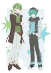  2boys absurdres alternate_costume aqua_eyes aqua_hair arm_at_side bandaid bandaid_on_cheek bandaid_on_face black_scarf black_shirt blue_background blue_eyes blue_outline blue_sweater_vest border brown_coat brown_hat brown_pants brown_shoes chi_bu92189 chinese_commentary coat commentary_request curled_fingers double-parted_bangs expressionless full_body green_hair green_hoodie green_outline hair_between_eyes hair_ornament hairclip hat heart highres hiyori_sou hood hood_down hoodie kimi_ga_shine lapel_pin lapels long_sleeves looking_at_viewer low_ponytail male_focus midori_(kimi_ga_shine) multiple_boys newsboy_cap notched_lapels open_clothes open_coat outline outside_border pants parallel_hairclips ponytail scarf shirt shoes short_ponytail simple_background smile sparkle standing star_(symbol) sweater_vest untucked_shirt v-neck white_border white_pants white_shirt x_hair_ornament 