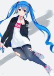  1girl 39 absurdres black_jacket blue_eyes blue_hair blush denim full_body hair_between_eyes hatsune_miku highres jacket jeans looking_at_viewer nail_polish open_clothes open_jacket open_mouth osanzi pants shoes sneakers torn_clothes torn_legwear twintails vocaloid 