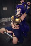  1girl absurdres angry armpits arms_up bdsm bondage bound bridal_gauntlets chain cleave_gag clenched_hands cloth_gag commentary commission countdown crotch_rope dark didnapper drooling english_commentary english_text gag gagged haeru high_ponytail highres improvised_gag pile_of_trash ponytail purple_eyes purple_hair rope second-party_source shibari shibari_over_clothes spread_legs squatting stuffed_gag zhara_(didnapper) 