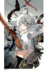 1girl animal_ear_fluff animal_ears arknights blurry blurry_foreground border braid closed_mouth commentary_request depth_of_field dress fur_trim grey_eyes grey_hair hair_between_eyes hair_ornament highres holding holding_own_tail jewelry long_hair looking_at_viewer necklace pramanix_(arknights) satonishi signature sitting snow snow_leopard_ears snow_leopard_tail solo tail thighhighs twin_braids very_long_hair 