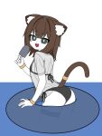  1girl alicat_(doohan) animal_ears bare_shoulders bikini black_bikini brown_hair brown_tail cat_ears cat_girl cat_tail doohan food green_eyes hair_between_eyes highres holding holding_food holding_ice_cream ice_cream ice_cream_bar looking_at_viewer looking_back navel open_mouth personification see-through_clothes see-through_shirt shirt smile solo swimsuit tail thigh_strap thighs tube war_thunder 