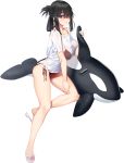  1girl artist_request bangs bikini black_hair blue_oath breasts folded_ponytail hair_ornament highres holding inflatable_orca inflatable_toy jintsuu_(kantai_collection) large_breasts leg_up long_hair official_art ponytail red_bikini red_eyes sandals see-through shirt short_sleeves side-tie_bikini sidelocks solo swimsuit swimsuit_under_clothes white_shirt 