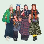  4girls albabg artist_logo artist_name bag baseball_cap beanie brown_hair christmas closed_eyes closed_mouth coat commentary_request denim dress earrings english_commentary floral_print full_body fur_coat gengar handbag hat highres jeans jewelry kirby logo long_hair long_sleeves mixed-language_commentary multiple_girls nail_polish necklace original pants pearl_necklace plaid_clothes plaid_skirt self-portrait shoes short_sleeves shoulder_bag simple_background skirt sneakers standing tattoo toon_(style) watch white_background wristwatch 