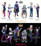  2boys 4girls absurdres apron aqua_eyes aqua_hair asymmetrical_legwear back_bow bartender black_background black_dress black_pants black_shoes blonde_hair blood blood_on_clothes blood_on_face blood_splatter blue_eyes blue_gloves blue_hair blue_pantyhose blue_skirt blue_vest boots bottle bow bowtie brooch brown_eyes brown_hair butler buttons capelet chair chandelier character_name chef chef_hat closed_eyes coat cocktail_shaker collared_shirt commentary_request crumbs cup cutting_board decantering double-breasted dress drinking_glass eating eyewear_strap fish_(food) food fork fruit frying_pan glasses gloves green_ribbon grey_shirt hair_bun hair_ribbon hat hatsune_miku highres holding holding_bottle holding_cocktail_shaker holding_fork holding_frying_pan holding_knife holding_menu jewelry juliet_sleeves kagamine_len kagamine_rin kaito_(vocaloid) knife large_bow long_sleeves mad_diner_(vocaloid) maid maid_apron maid_headdress medallion medium_hair megurine_luka meiko_(vocaloid) menu mismatched_legwear money_gesture multicolored_hair multiple_boys multiple_girls multiple_views napio neckerchief necktie on_chair one_eye_closed open_mouth palms_together pants pantyhose patterned_background pencil_skirt petticoat pink_hair pinstripe_jacket pinstripe_pants pinstripe_pattern pinstripe_suit ponytail pouring puffy_sleeves purple_pantyhose purple_vest red_bow red_bowtie red_streaks reference_sheet ribbon rubber_boots second-party_source semi-rimless_eyewear serving_dome shirt shoes short_hair sitting skirt sliced_meat smile song_name stole streaked_hair suit thigh_strap toque_blanche translation_request tray twintails under-rim_eyewear vest vocaloid waist_ribbon waistcoat waiter white_apron white_background white_bow white_coat white_neckerchief wine_bottle wine_glass yellow_necktie 