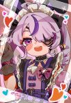  1girl :d ahoge animal_ears artist_name blush commentary deformed fake_animal_ears flat_chest gloves heart heart_ahoge highres looking_at_viewer maid_headdress maria_marionette maria_marionette_(maid) nijisanji nijisanji_en pink_eyes pink_hair qwo_seven rabbit_ears signature smile solo twitter_username untranslatable_commentary upper_body virtual_youtuber 