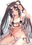  1girl bangs bare_shoulders bikini breasts brown_eyes brown_hair cleavage closed_mouth collarbone consort_yu_(fate) earrings eyewear_on_head fate/grand_order fate_(series) hair_ornament harimoji jewelry long_hair medium_breasts multiple_earrings navel open_clothes robe sitting sunglasses swimsuit thighs twintails very_long_hair water wet white_bikini yu_miaoyi_(swimsuit_lancer) 