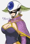  1girl absurdres blue_eyes breasts cape cleavage fairy_tail green_hair helmet highres kyouka_(fairy_tail) large_breasts long_eyelashes looking_at_viewer moonstosky signature solo 