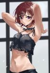  1girl absurdres arms_up bangs bare_arms bare_shoulders bikini black_bikini black_choker blush breasts brown_hair choker cleavage closed_mouth eyebrows_visible_through_hair hair_ornament hairclip highres higuchi_madoka hirasawagitai idolmaster idolmaster_shiny_colors looking_at_viewer medium_breasts mole mole_under_eye navel purple_eyes short_hair solo spiked_choker spikes stomach swimsuit two-tone_background upper_body v-shaped_eyebrows x_hair_ornament 