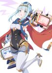  1girl :o android arm_cannon artist_name birgitta_(genshin_impact) blue_cape blue_eyes blue_hair blue_hat blush braid breasts bright_pupils cape clenched_hand colored_eyelashes commentary_request double_bun eyelashes genshin_impact gold_hairband hair_bun hair_ribbon hairband hat headgear high_heels highres hood hood_down hooded_cape ineffa_(genshin_impact) kamuraaa_615 leg_up looking_at_viewer medium_breasts open_mouth outstretched_arm red_cape red_ribbon ribbon ringed_eyes robot robot_girl sidelocks signature simple_background solo standing standing_on_one_leg swept_bangs two-sided_cape two-sided_fabric weapon white_background white_pupils wrist_cuffs 