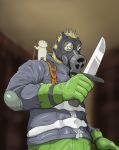  1boy blurry blurry_background caiman cubechicken15 dorohedoro elbow_pads gas_mask gloves green_gloves green_pants highres holding holding_knife jacket knife lizardman male_focus on_shoulder pants upper_body 