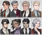  3girls 6+girls aegyo_sal ascot avery_(degrees_of_lewdity) avery_(female)_(degrees_of_lewdity) avery_(male)_(degrees_of_lewdity) beard black_hair black_necktie black_shirt black_suit blonde_hair blue_eyes blue_necktie blue_shirt borrowed_design breasts brown_hair brown_suit character_name cleavage column_lineup crow's_feet cup degrees_of_lewdity diagonal-striped_clothes diagonal-striped_necktie drinking_glass facial_hair forehead full_beard goatee_stubble gold_necklace green_necktie grey_background grey_eyes grey_hair grey_streaks grid_lineup hair_bun hair_slicked_back highres holding holding_cup jacket jewelry lapels lipstick looking_at_viewer makeup mature_female mature_male middle_part ming_(5unri5e666) mole mole_under_mouth multicolored_hair multiple_drawing_challenge multiple_girls mustache neckerchief necklace necktie nostrils parted_bangs peaked_lapels pearl_necklace portrait purple_ascot purple_eyes purple_neckerchief purple_shirt red_eyes red_jacket red_necktie shirt short_hair side_part simple_background single_hair_bun smile smile_lines streaked_hair striped_clothes striped_necktie stubble suit very_short_hair white_shirt wine_glass wrinkled_skin 