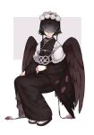  1girl black_hair black_kimono black_wings butter_run closed_mouth commentary_request feathered_wings floral_print flower hair_flower hair_ornament highres japanese_clothes kafuria kimono magical_girl mahou_shoujo_ikusei_keikaku mahou_shoujo_ikusei_keikaku_jokers purple_flower sandals veil white_flower wide_sleeves wings zouri 