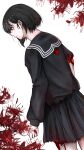  1girl black_hair black_sailor_collar black_serafuku blood blood_on_clothes cheek_injury colored_skin commentary_request flower gokeng_(iamgokengz_) highres injury pale_skin plant sailor_collar school_uniform serafuku shimizu_hinako short_hair silent_hill_(series) silent_hill_f simple_background skirt spider_lily torn_clothes white_background white_skin 