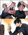  1girl 2boys absurdres anger_vein artist_name biceps black_hair closed_eyes closed_mouth crt eyelashes fushiguro_toji halo hand_on_another's_head happy highres jujutsu_kaisen meme multiple_boys naoya_hitting_choso_without_looking_(meme) owwllly punched scar scar_on_arm scar_on_face scars_all_over short_hair simple_background television white_background zen'in_maki zen'in_naoya 