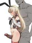  1boy 1girl anchor_hair_ornament between_thighs blonde_hair blue_eyes blush bow_(bhp) cowboy_shot elbow_gloves erection from_side gloves hair_ornament hair_ribbon hairband height_difference kantai_collection long_hair navel penis pussy ribbon sailor_collar sailor_shirt shimakaze_(kantai_collection) shirt simple_background sketch sleeveless sleeveless_shirt striped striped_legwear thighhighs uncensored white_gloves 
