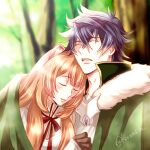  1boy 1girl animal_ear_fluff animal_ears armor artist_name bad_id bad_pixiv_id black_hair black_shirt blunt_bangs blurry blurry_background breastplate brown_armor brown_hair chest_guard cloak closed_eyes collared_dress collared_shirt couple double-parted_bangs dress fur_trim gauntlets green_cloak grey_armor hair_between_eyes high_collar iwatani_naofumi koromo_(kinu) leather_armor long_hair messy_hair missing_commentary neck_ribbon open_mouth outdoors parted_lips pinstripe_dress pinstripe_pattern raccoon_ears raccoon_girl raphtalia red_ribbon ribbon shared_cloak shirt short_hair sleeping straight_hair tanuki tate_no_yuusha_no_nariagari twitter_username two-tone_armor watermark white_dress white_fur 