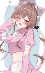  1girl absurdres alternate_costume animal_ears blue_eyes blue_nails blush breasts brown_hair cat_ears cat_girl commentary crop_top cropped_jacket detached_sleeves fingernails genshin_impact hand_up highres jacket jersey_maid kemonomimi_mode looking_at_viewer maid medium_breasts nail_polish navel_peek open_mouth pink_jacket pink_sleeves puffy_short_sleeves puffy_sleeves richi_1214 sandrone_(genshin_impact) short_hair_with_long_locks short_sleeves solo stomach sweat unconventional_maid 