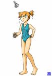  barefoot bodily_fluids clothing female green_eyes gym_leader hair human mammal misty_(pok&eacute;mon) nintendo omoi orange_hair pok&eacute;mon shower simple_background solo sweat swimwear video_games white_background 