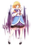  1girl 2018 bare_legs black_shoes blonde_hair commentary_request dated furim highres medium_hair mizuhashi_parsee open_mouth pointy_ears purple_background purple_skirt shoes skirt socks solo touhou two-tone_background white_background white_socks 