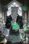  1boy absurdres animal_ears animal_skull astatos black_suit bottle claws closed_mouth commentary copyright_logo copyright_name copyright_notice english_commentary flask furry furry_male highres holding holding_flask incense_burner jewelry krokos_(astatos) logo looking_at_viewer male_focus multiple_rings n16_furry official_art quill ring second-party_source shirt smile smoke snow_leopard_boy snow_leopard_ears snow_leopard_tail suit tail white_shirt 