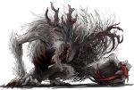  1other antlers bloodborne cleric_beast commentary_request grey_fur kan_(aaaaari35) monster no_eyes open_mouth ribs sharp_teeth simple_background solo teeth white_background 