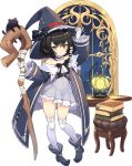  1girl ash_arms black_hair chair collarbone full_body gloves hat jacket lantern navel official_art ribbon short_hair smile solo staff thighhighs transparent_background white_gloves witch_hat yellow_eyes 