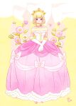  1girl bare_shoulders blonde_hair bow breasts castle choker commentary_request crossed_wrists crown double_bun dress dress_bow elbow_gloves eyelashes flower full_body fur-trimmed_dress fur-trimmed_sleeves fur_choker fur_trim gloves gold_crown gold_tiara gradient_eyes hair_bun invisible_floor medium_breasts multicolored_eyes off-shoulder_dress off_shoulder original pink_bow pink_dress pink_eyes pink_shoes princess shoes sidelocks solo standing straight-on strapless strapless_dress umina_neko very_low_bun white_gloves yellow_background yellow_choker yellow_fur yellow_trim 