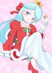  1girl blue_eyes blue_hair bow braid christmas collar commentary_request crown dress facial_hair floating floating_object foot_out_of_frame fur-trimmed_dress fur_trim gloves grace_(holy_night)_(puyopuyo) grace_(puyopuyo) hair_bow half_up_braid hand_up high_heels highres jazz_grace juliet_sleeves long_skirt long_sleeves looking_at_viewer mini_snowman mustache official_alternate_costume on_weapon parted_lips pink_background print_bow print_dress puffy_sleeves puyopuyo puyopuyo_quest red_bow red_dress red_shoes santa_costume santa_dress shoes skirt snowflake_background snowflake_print snowman solo staff star_(symbol) white_collar white_gloves white_skirt 
